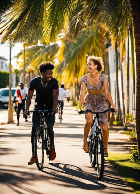 un hombre y una mujer montando bicicletas por una calle con palmeras en el fondo