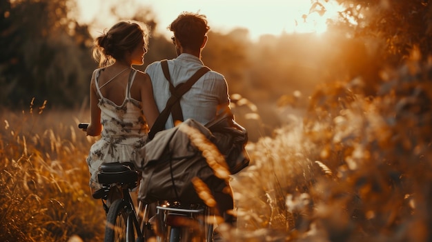 Foto hombre y mujer montando bicicletas en el campo actividad recreativa al aire libre día de san valentín