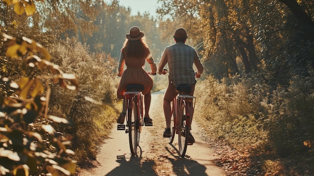 Foto hombre y mujer montando bicicletas en el campo actividad recreativa al aire libre día de san valentín