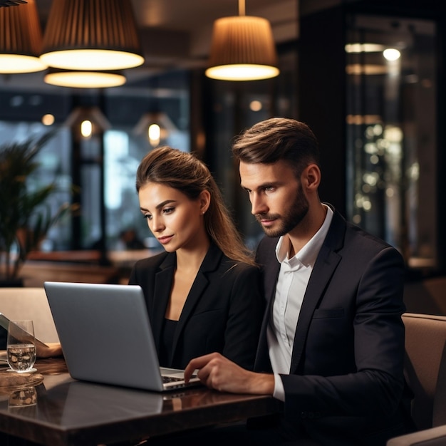 hombre y mujer de negocios trabajando en una computadora portátil analizan en un proyecto reunión de negocios en la oficina AI generar