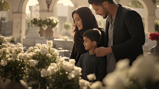 Foto hombre, mujer y niño admirando hermosas flores en un jardín eid