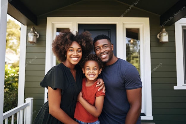 Hombre, mujer y niño parados frente a la casa Retrato completo de una feliz familia negra abrazándose mientras estaban de pie en el porche de una casa nueva generada por IA