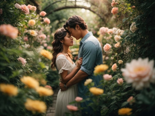 un hombre y una mujer parados en un jardín de flores juntos mirándose