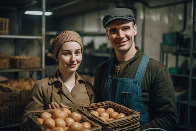 Un hombre y una mujer se paran en una fábrica de alimentos.