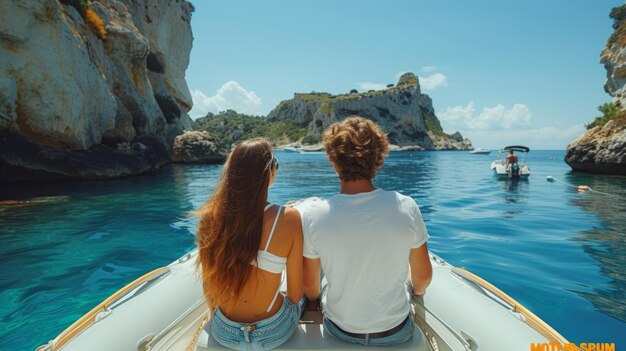 Un hombre y una mujer pasan sus vacaciones de verano navegando por la costa en un pequeño barco