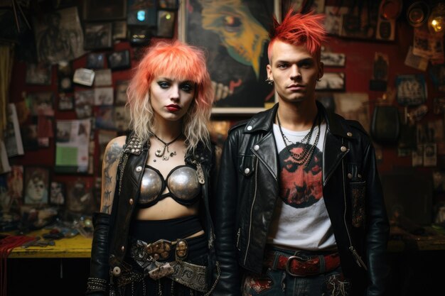 Un hombre y una mujer de pie uno al lado del otro mirando hacia la camara Un concierto de punk rock con estilos de ropa excentricos Generados por IA Imagen Premium