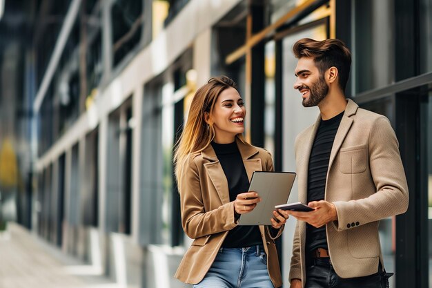 Foto hombre y mujer de pie frente al edificio