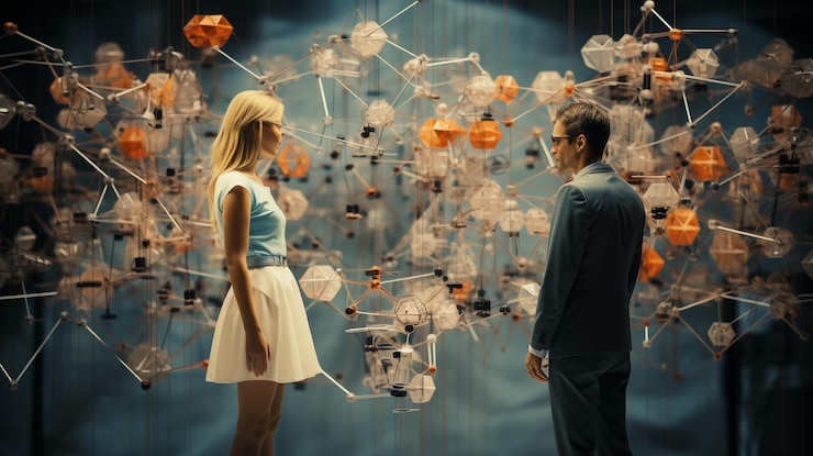 Foto un hombre y una mujer de pie frente a una exhibición de flores