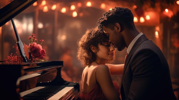 Foto hombre y mujer de pie junto al piano en el escenario de una sala de conciertos