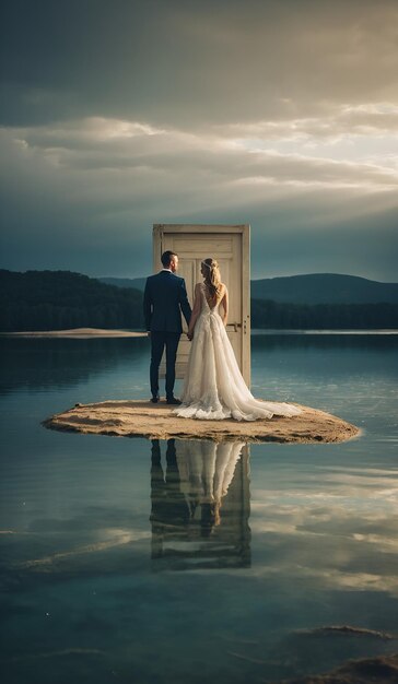 Foto hombre y mujer de pie en una roca en el agua
