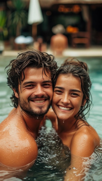 Un hombre y una mujer en una piscina sonriéndose el uno al otro.