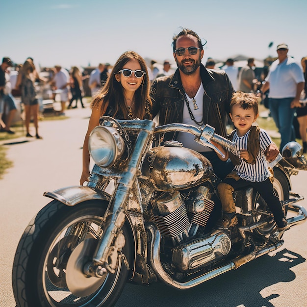 Un hombre y una mujer posan con una moto y un niño
