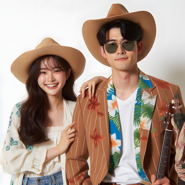 un hombre y una mujer posando para una foto con un hombre con gafas de sol y una chaqueta que dice que el tipo está usando una camisa