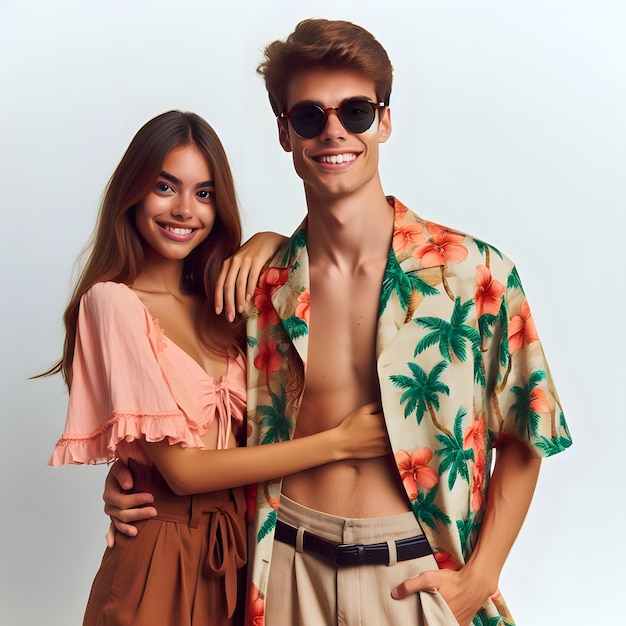 un hombre y una mujer posando para una foto con palmeras