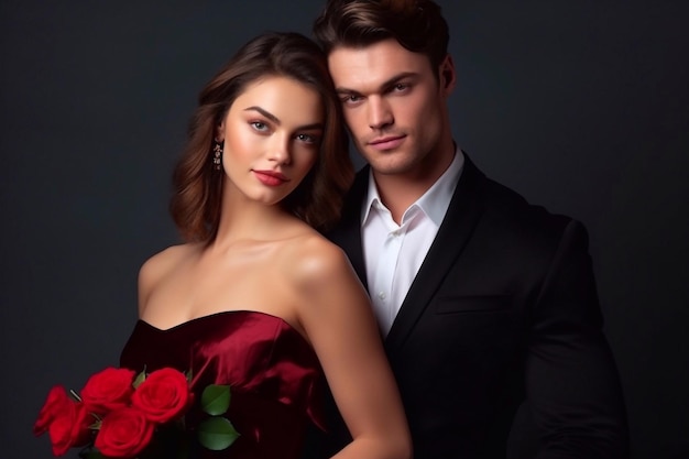 un hombre y una mujer posando para una foto con una rosa roja