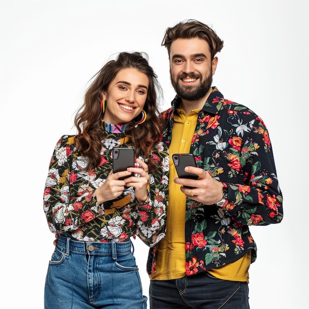 Foto un hombre y una mujer posando para una foto con un teléfono celular