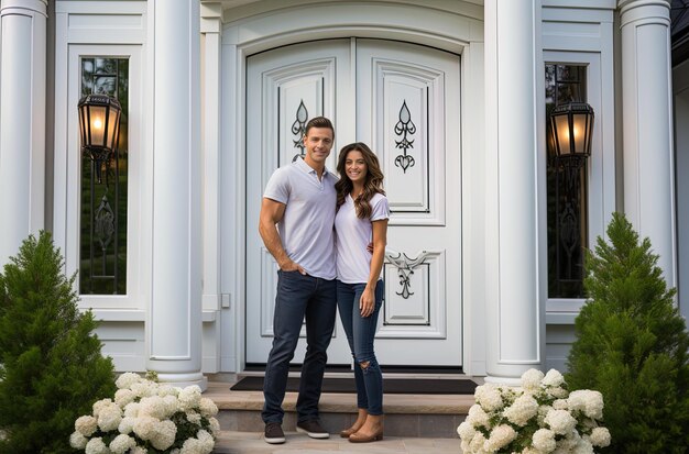 Foto un hombre y una mujer posando frente a una casa con una puerta que dice que estamos de pie frente a ella