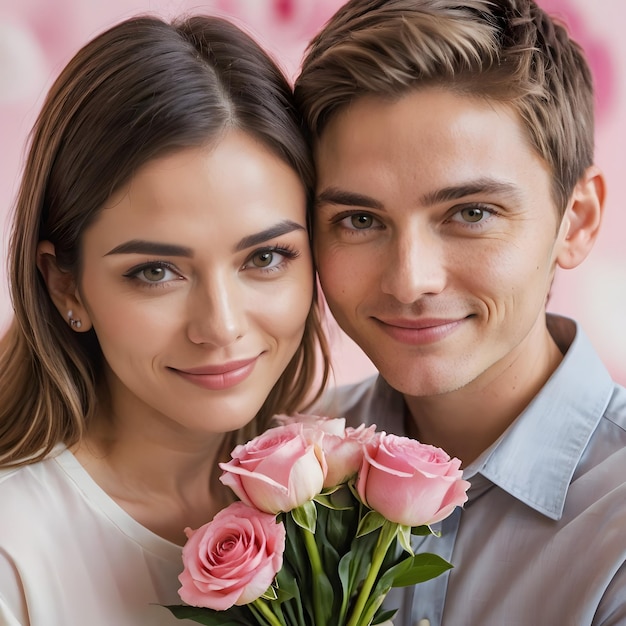 un hombre y una mujer posando con un ramo de rosas