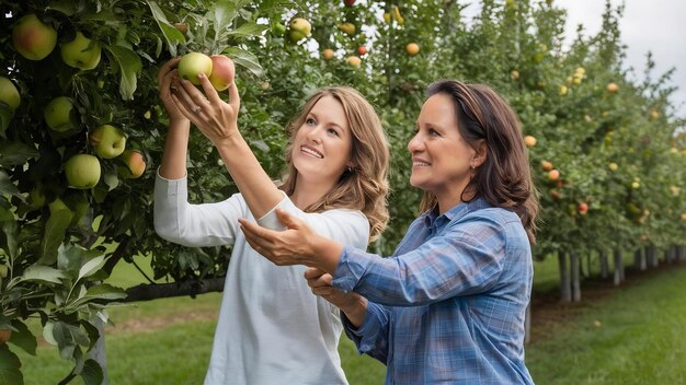 Foto hombre y mujer recogen manzanas