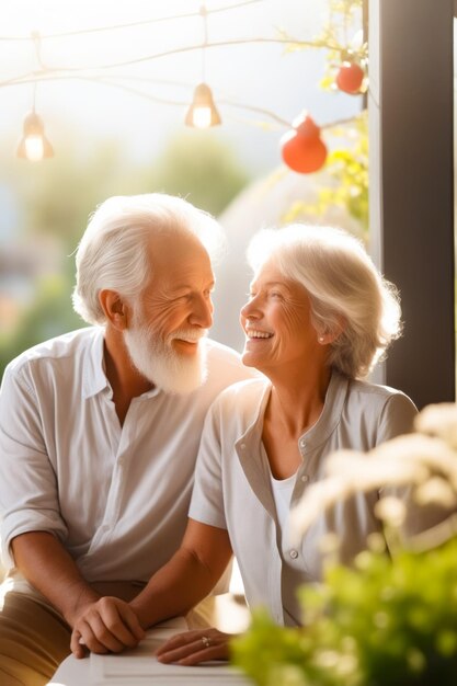 Hombre y mujer sentados uno al lado del otro sonriendo IA generativa