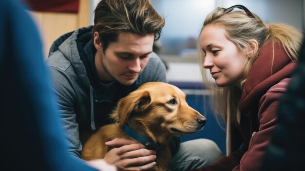 Foto un hombre y una mujer sentados al lado de un perro un dueño con una mascota enferma en una clínica veterinaria