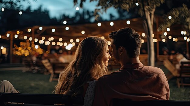 Hombre y mujer sentados en un banco mirándose el uno al otro el día de San Valentín