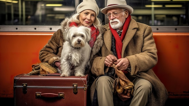 Un hombre y una mujer sentados en un banco con un perro Imagen generativa de IA