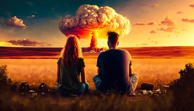 Hombre y mujer sentados en el campo viendo una explosión nuclear IA generativa