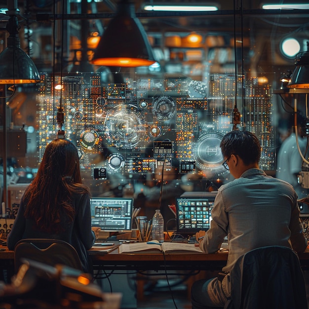 Foto un hombre y una mujer sentados en una mesa frente a un monitor con las palabras poder en la pantalla