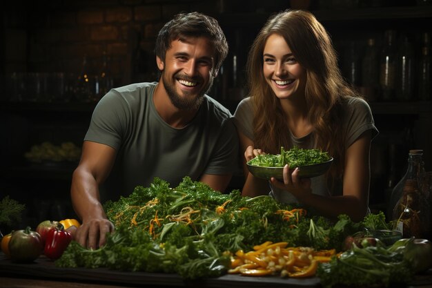 Un hombre y una mujer sentados en una mesa llena de verduras.