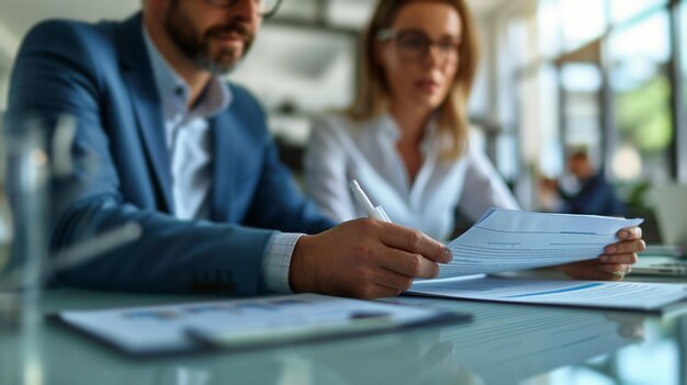 Hombre y mujer sentados a la mesa con papeles