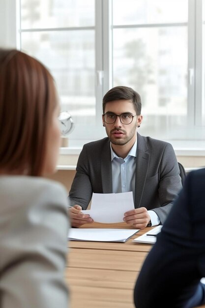 Foto un hombre y una mujer sentados en una mesa con papeles