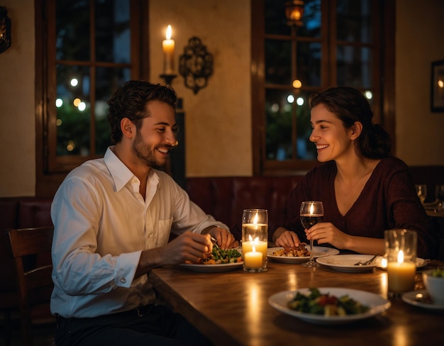 un hombre y una mujer sentados en una mesa con un plato de comida y un vaso de vino