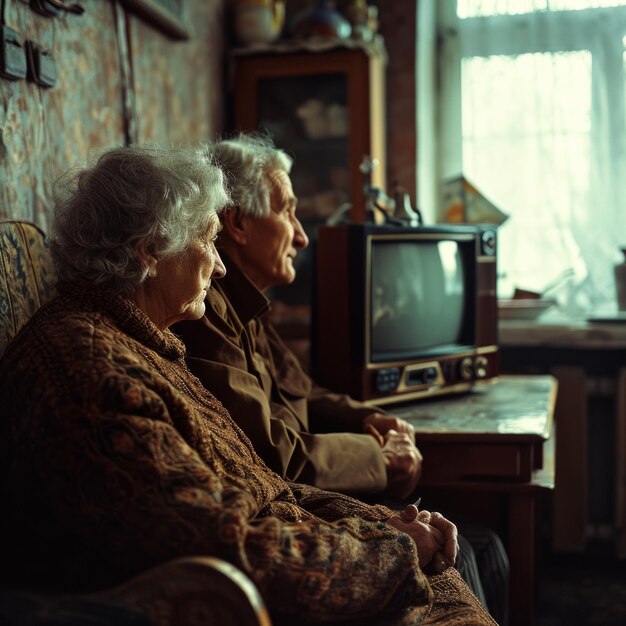 Foto un hombre y una mujer sentados en el sofá viendo televisión