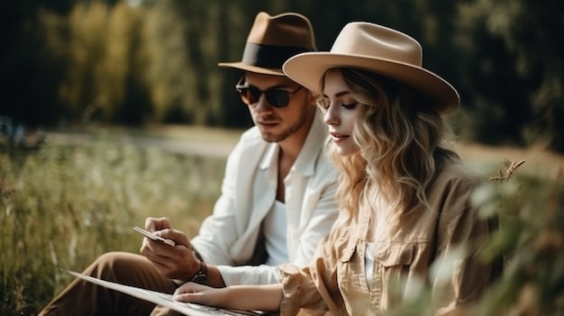 Un hombre y una mujer se sientan en un campo, uno lleva sombrero y el otro gafas de sol.