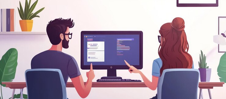 Foto un hombre y una mujer se sientan frente a una pantalla de computadora mirando el código están trabajando juntos en un proyecto