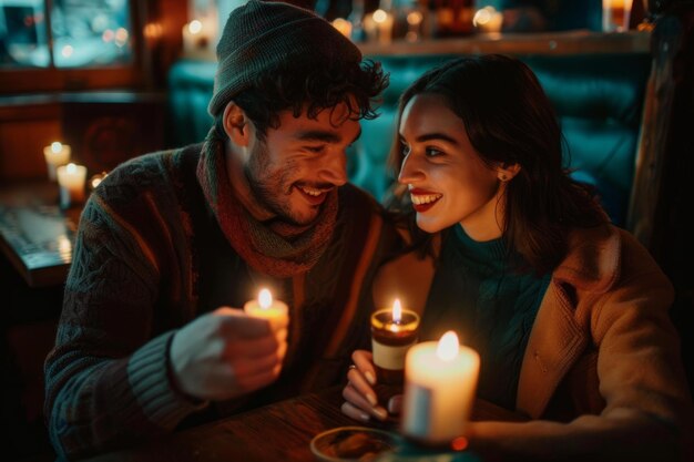 Un hombre y una mujer se sientan juntos sosteniendo velas foto de beso lindo