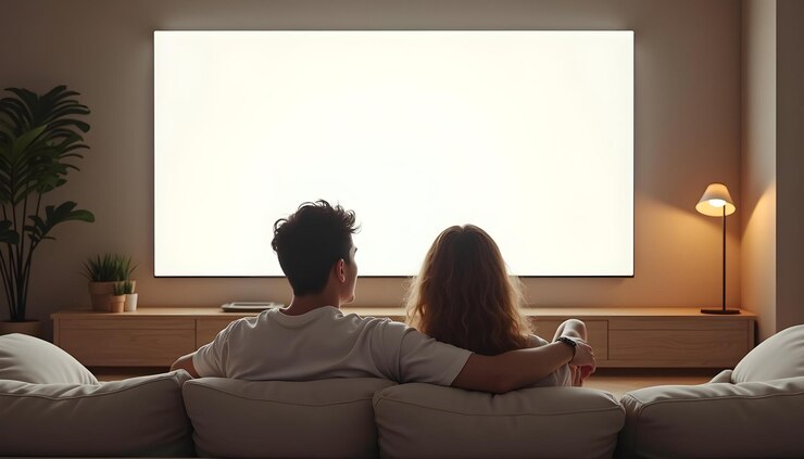 un hombre y una mujer se sientan en un sofá y miran una gran pantalla que dice que nadie está sentado en el sofá