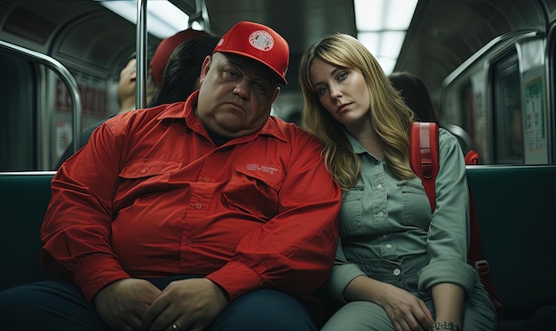 un hombre y una mujer con sobrepeso están sentados en un tren subterráneo en una camisa roja en el estilo de medio