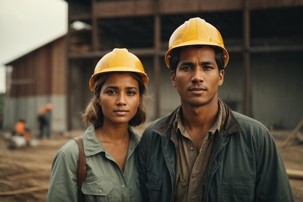 Hombre y mujer con sombrero de construcción