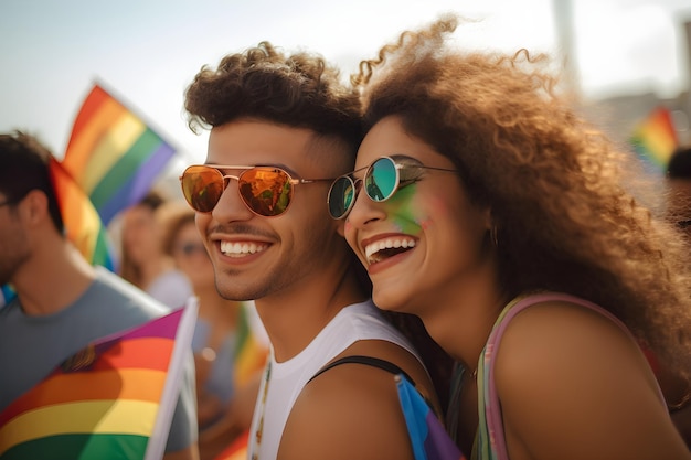 Un hombre y una mujer sonríen en el desfile del orgullo