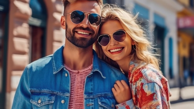 Foto un hombre y una mujer sonríen y llevan gafas de sol.