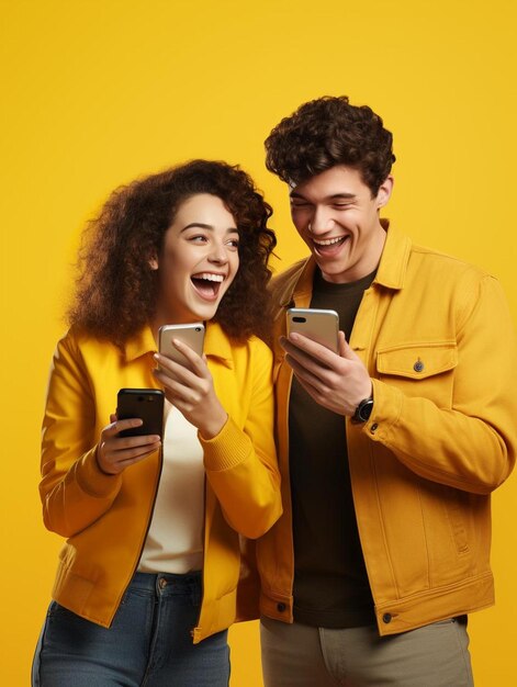 hombre y mujer sonriendo alegremente con el teléfono en la mano viendo fotos y videos en las redes sociales