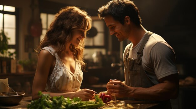 un hombre y una mujer sonriendo en una mesa llena de verduras