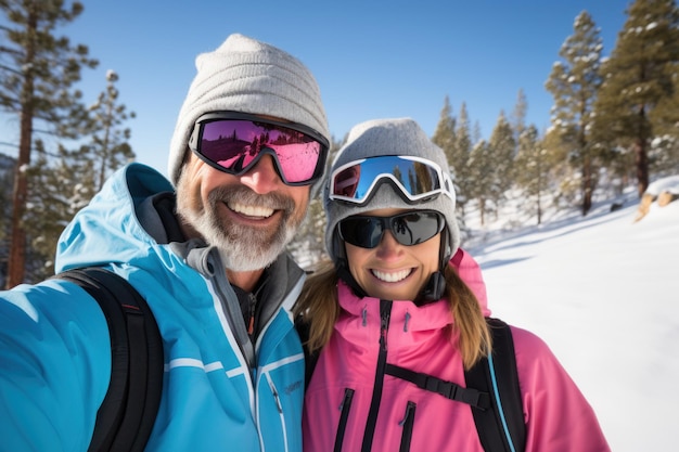 un hombre y una mujer sonriendo mientras sostienen esquís de nieve en una pendiente nevada