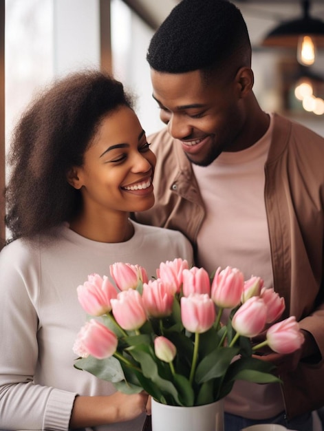 un hombre y una mujer sonriendo y sosteniendo flores