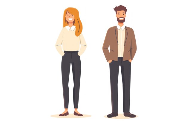 Foto hombre y mujer sonrientes con ropa de oficina de pie uno al lado del otro en un fondo plano con espacio de copia
