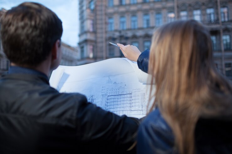 Hombre y mujer sosteniendo blueprint