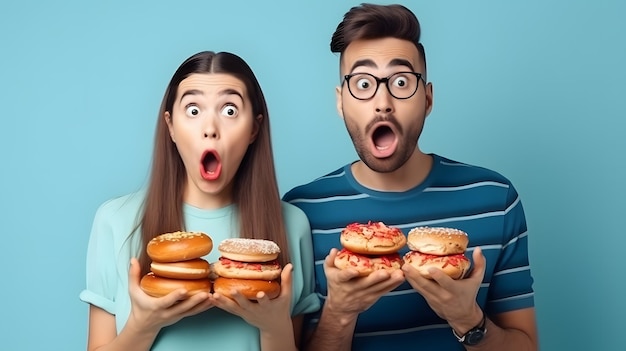 Un hombre y una mujer sostienen sándwiches y miran a la cámara.