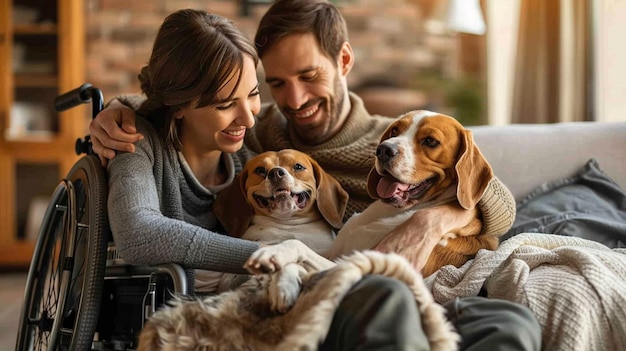 Foto un hombre y una mujer y su perro en el abrazo del sol generado por la ia